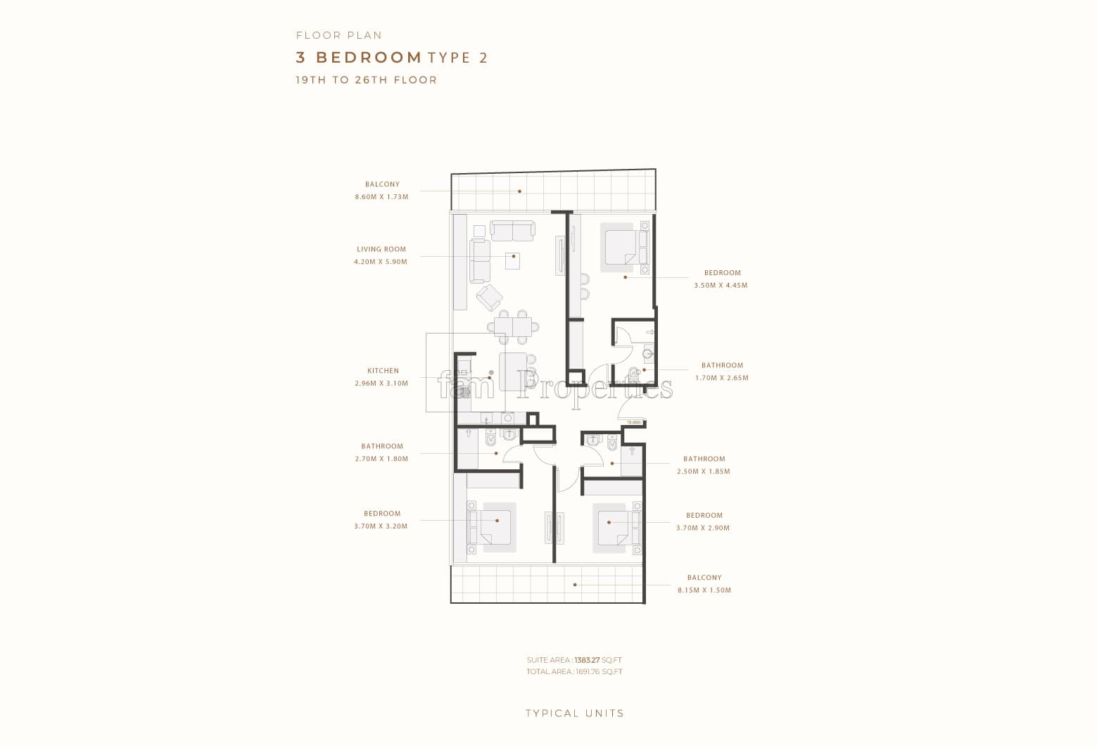 Azizi Riviera Reve Tower 1, 3-Bed Floor Plan, type: 3 Bedroom