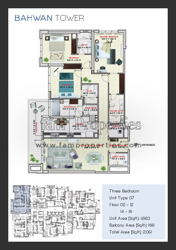 Bahwan Tower, 3-Bed Floor Plan, type: 3 Bedroom