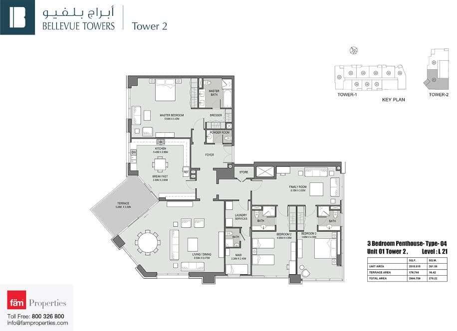 Bellevue Tower 2, 3-Bed Floor Plan, type: 3 BD Penthouse Type 04