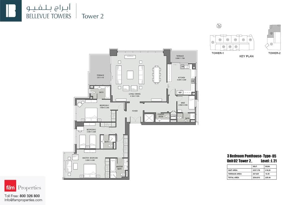 Bellevue Tower 2, 3-Bed Floor Plan, type: 3 BD Penthouse Type 05