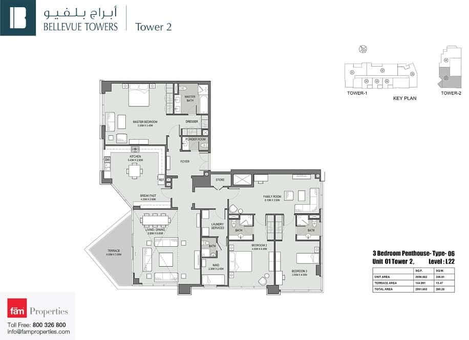 Bellevue Tower 2, 3-Bed Floor Plan, type: 3 BD Penthouse Type 06