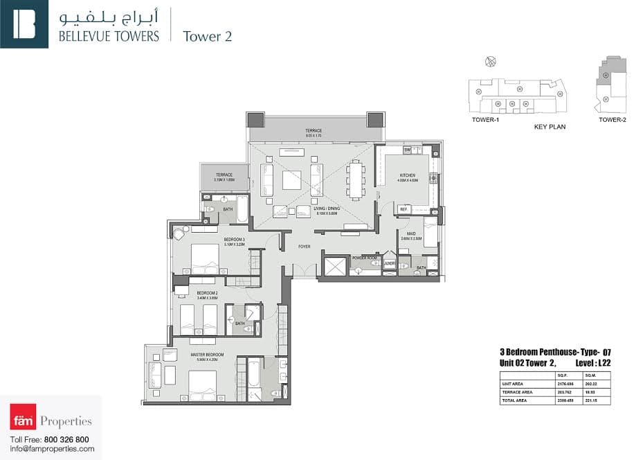 Bellevue Tower 2, 3-Bed Floor Plan, type: 3 BD Penthouse Type 07