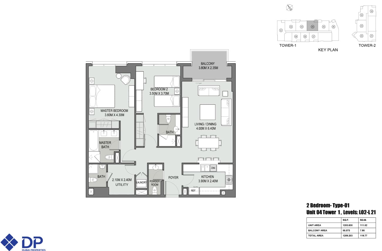 Bellevue Towers 1, 2-Bed Floor Plan, type: 2-bedroom-type-1-tower-1