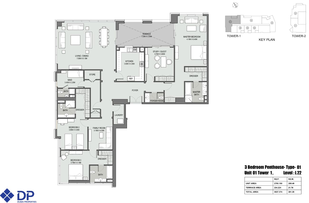 Bellevue Towers 1, 3-Bed Floor Plan, type: 3-bedroom-penthouse-type-1-tower-1