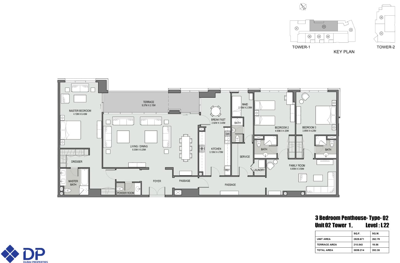 Bellevue Towers 1, 3-Bed Floor Plan, type: 3-bedroom-penthouse-type-2-tower-1