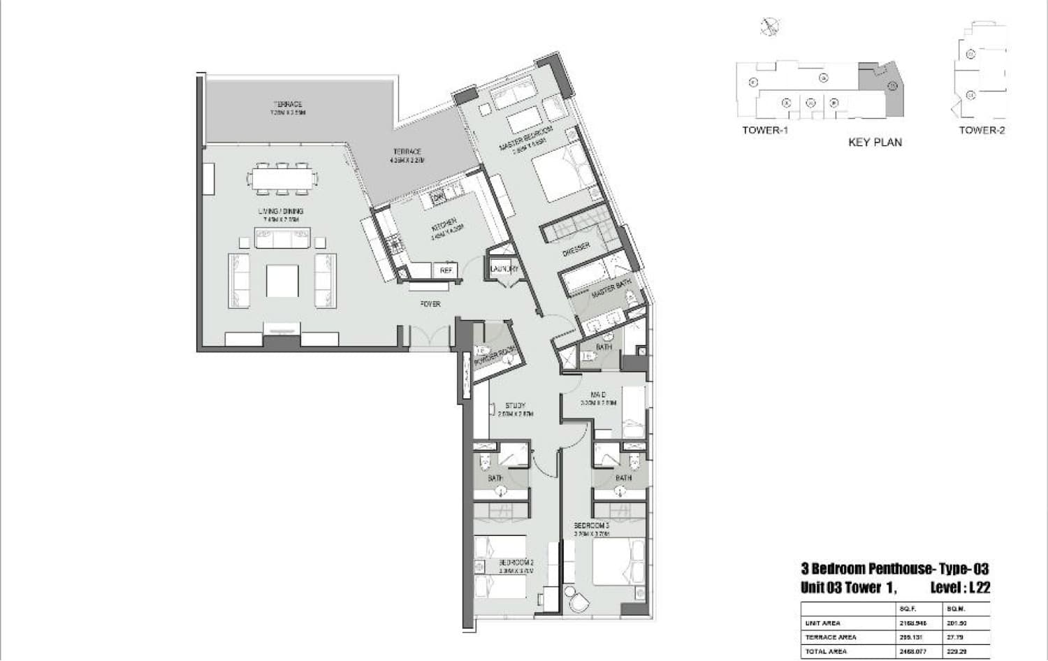 Bellevue Towers 1, 3-Bed Floor Plan, type: 3-bedroom-penthouse-type-3-tower-1