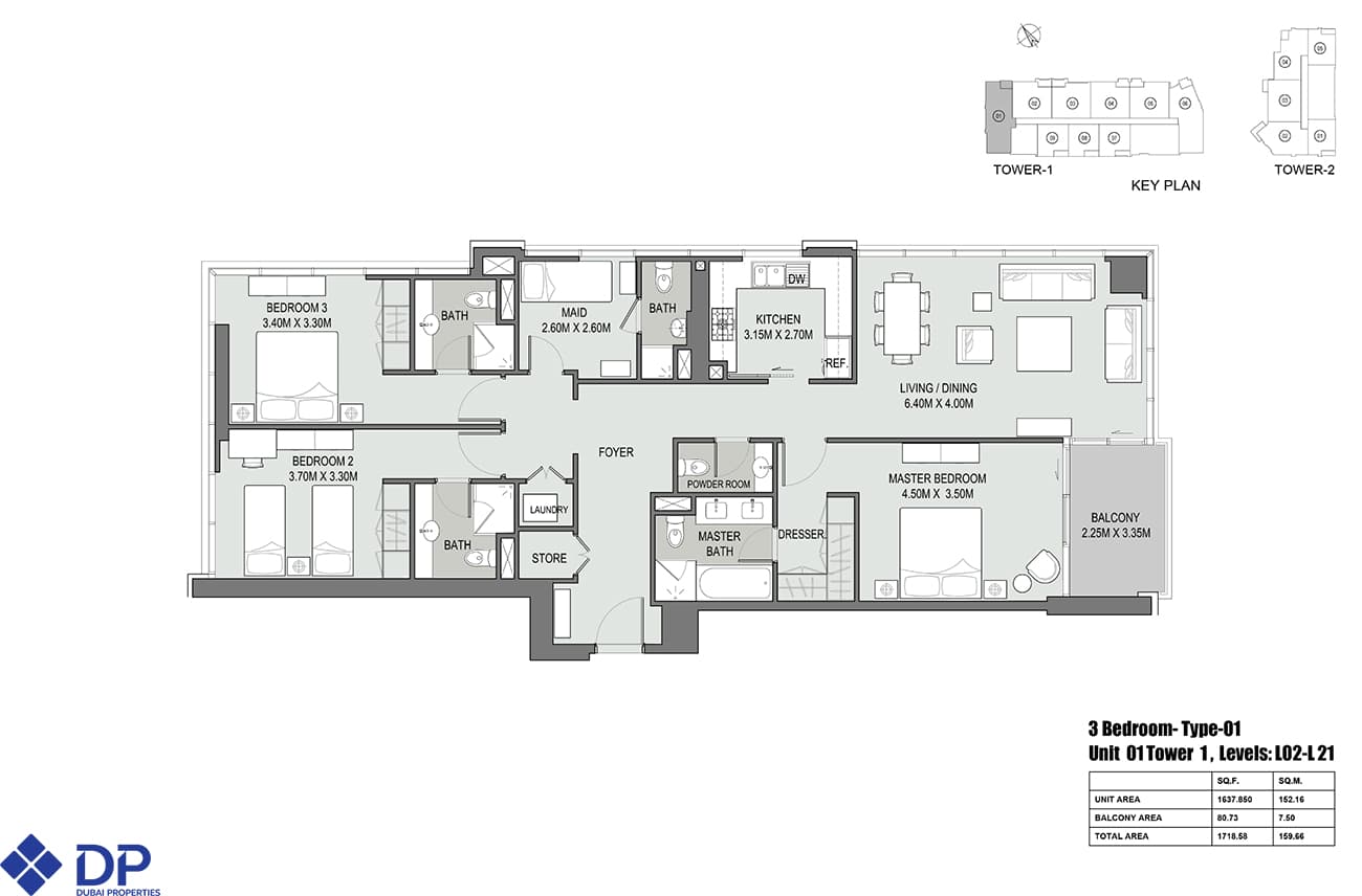 Bellevue Towers 1, 3-Bed Floor Plan, type: 3-bedroom-type-01-tower-1