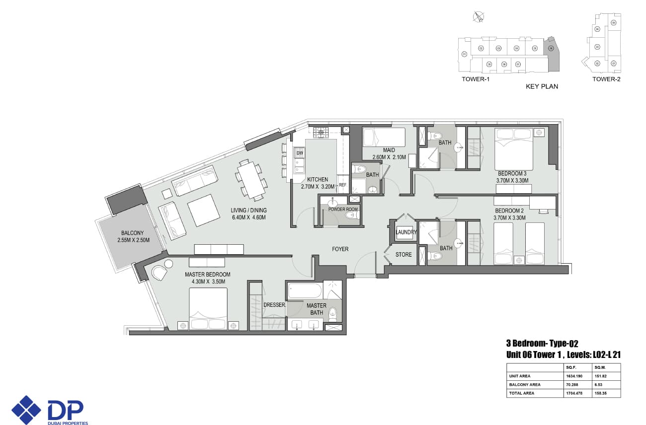 Bellevue Towers 1, 3-Bed Floor Plan, type: 3-bedroom-type-2-tower-1