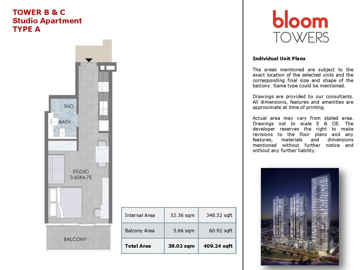 Bloom Towers A, 0-Bed Floor Plan, type: Studio