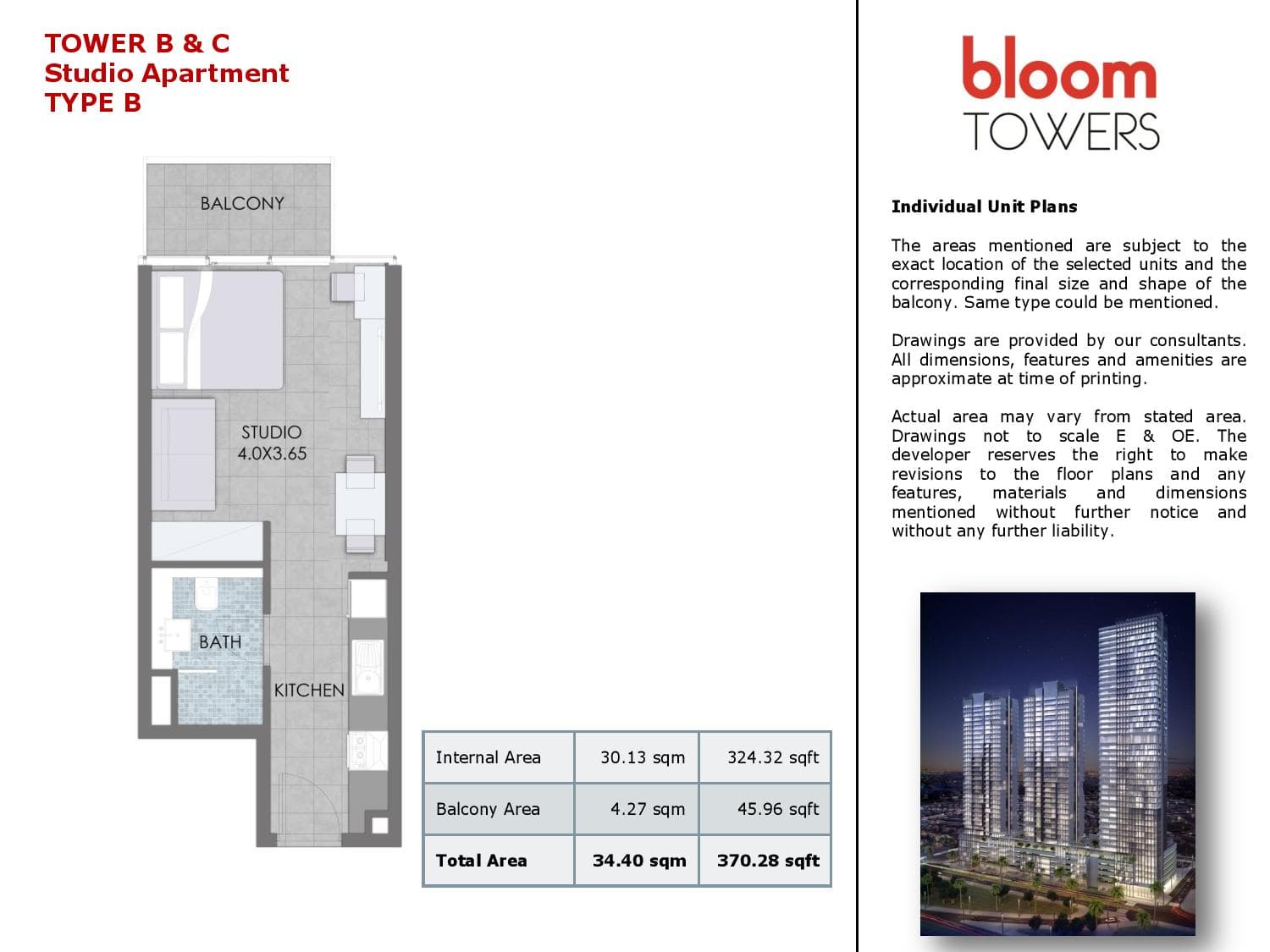 Bloom Towers A, 0-Bed Floor Plan, type: Studio