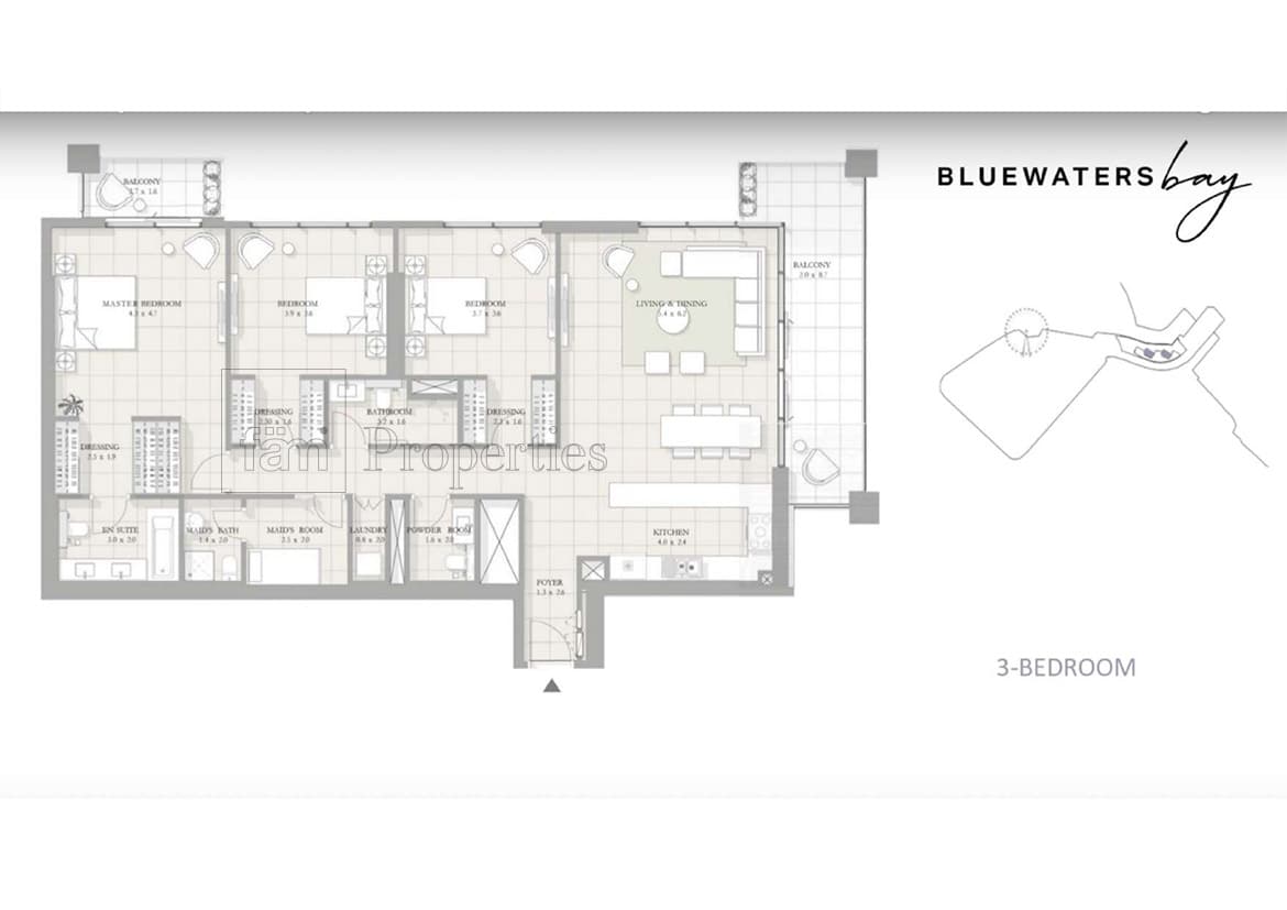 Bluewaters Bay, 3-Bed Floor Plan, type: 3 Bedroom