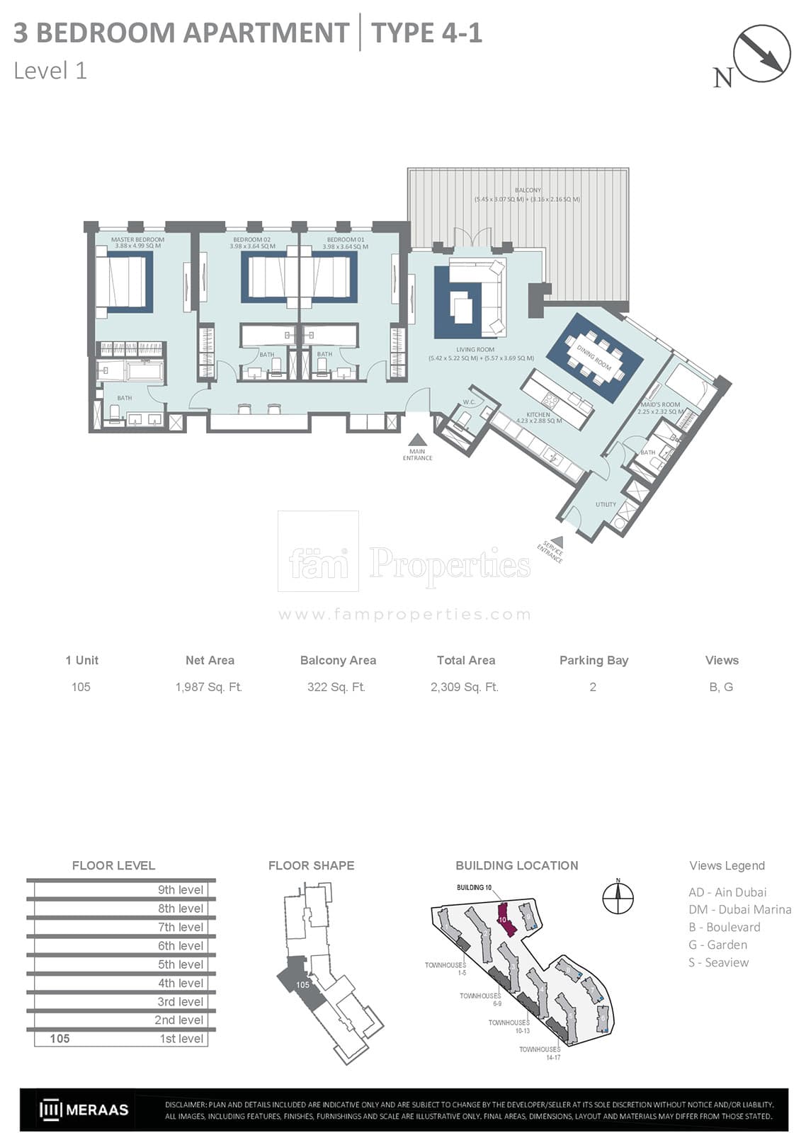 Bluewaters Residences Building 10, 3-Bed Floor Plan, type: 3 Bedroom