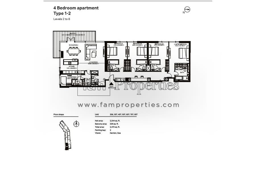 Bluewaters Residences building 3, 4-Bed Floor Plan, type: 4 Bedroom