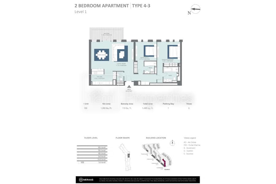 Bluewaters Residences Building 5, 2-Bed Floor Plan, type: 2 Bedroom Type 4-3