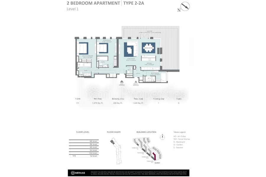 Bluewaters Residences Building 5, 2-Bed Floor Plan, type: 2 Bedroom Type 2-2A