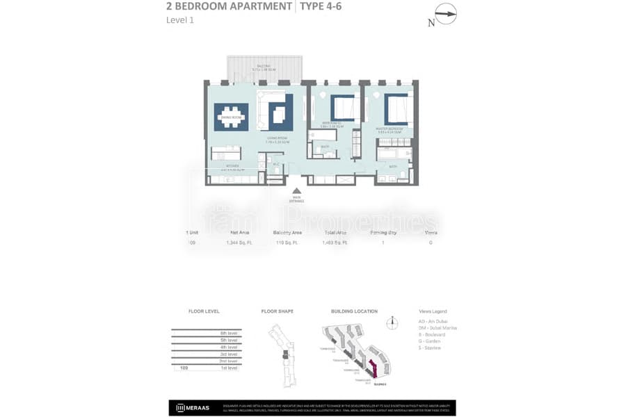 Bluewaters Residences Building 5, 2-Bed Floor Plan, type: 2 Bedroom Type 4-6