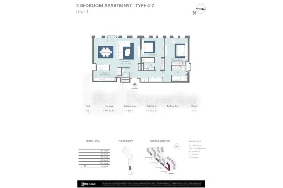 Bluewaters Residences Building 5, 2-Bed Floor Plan, type: 2 Bedroom Type 4-7