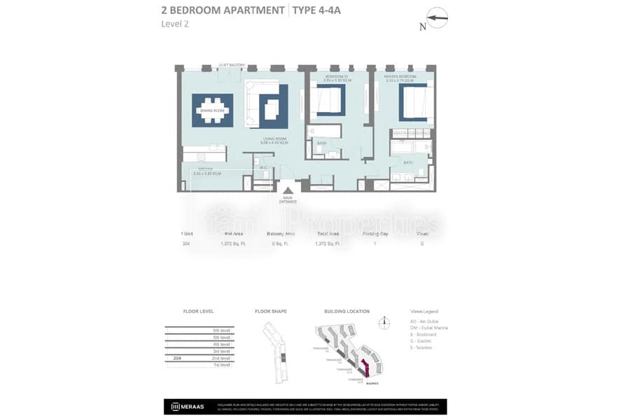 Bluewaters Residences Building 5, 2-Bed Floor Plan, type: 2 Bedroom Type 4-4A