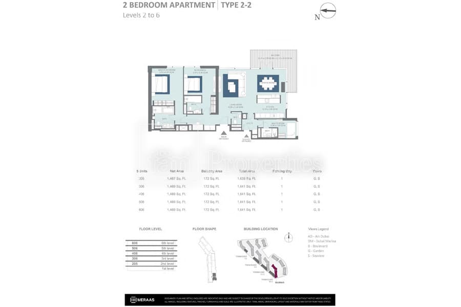 Bluewaters Residences Building 5, 2-Bed Floor Plan, type: 2 Bedroom Type 2-2