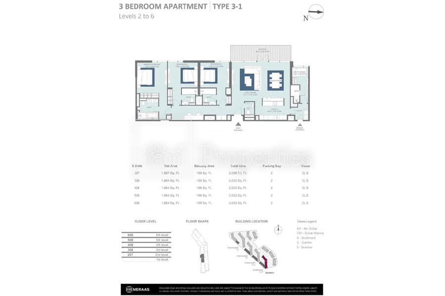 Bluewaters Residences Building 5, 3-Bed Floor Plan, type: 3 Bedroom Type 3-1