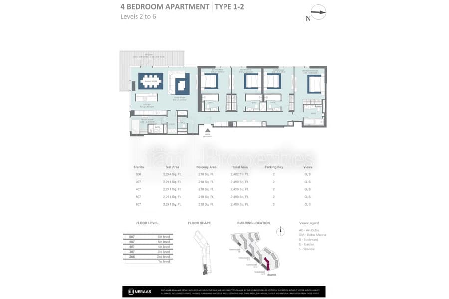 Bluewaters Residences Building 5, 4-Bed Floor Plan, type: 4 Bedroom Type 1-2