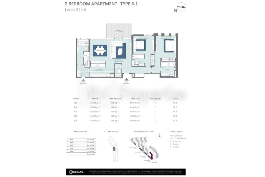 Bluewaters Residences Building 5, 2-Bed Floor Plan, type: 2 Bedroom Type 6-1