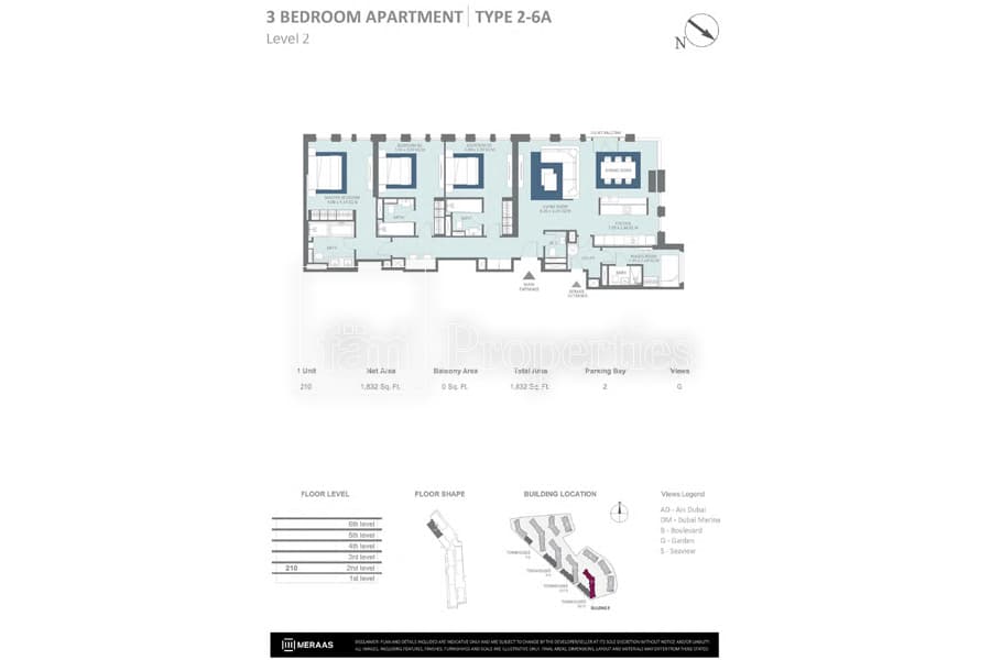 Bluewaters Residences Building 5, 3-Bed Floor Plan, type: 3 Bedroom Type 2-6A