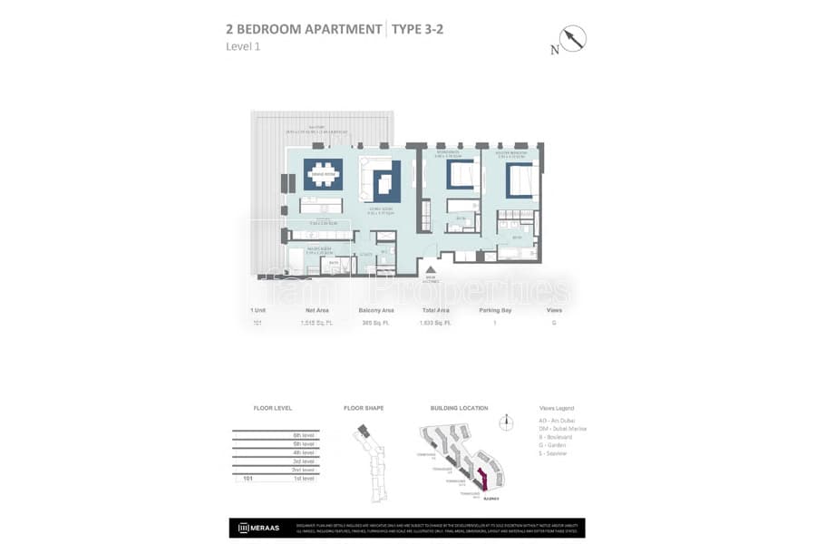Bluewaters Residences Building 5, 2-Bed Floor Plan, type: 2 Bedroom Type 3-2