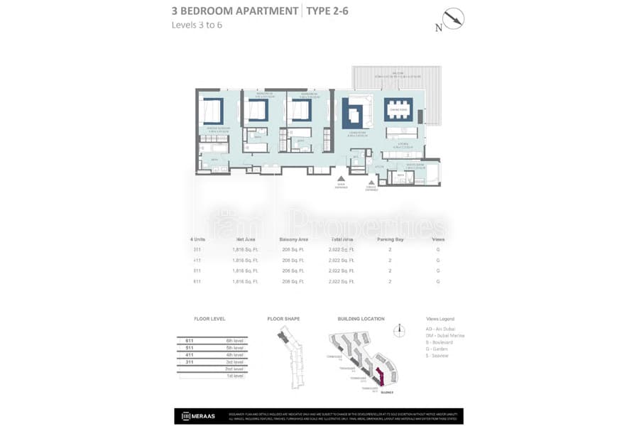 Bluewaters Residences Building 5, 3-Bed Floor Plan, type: 3 Bedroom Type 2-6
