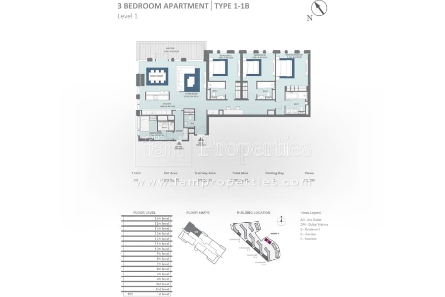 Bluewaters Residences Building 8, 3-Bed Floor Plan, type: 3 Bedroom