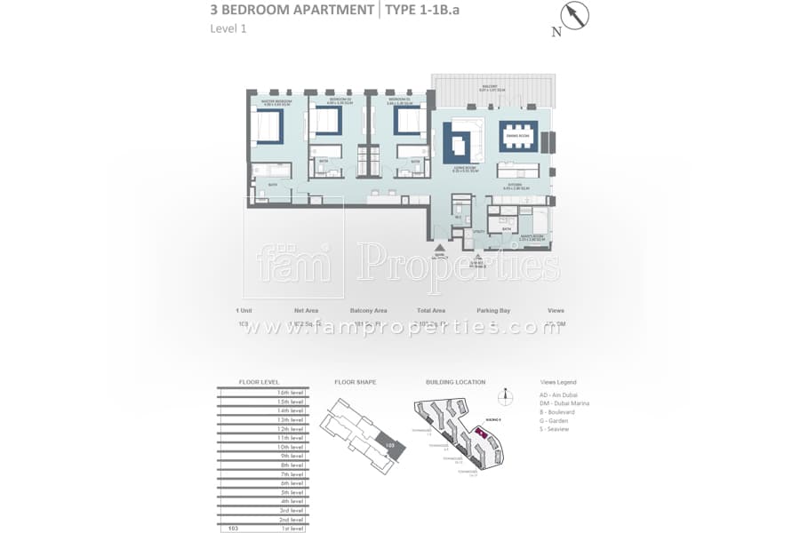 Bluewaters Residences Building 8, 3-Bed Floor Plan, type: 3 Bedroom