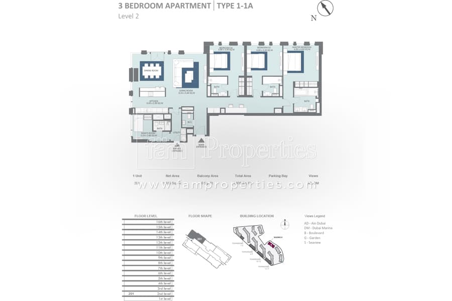 Bluewaters Residences Building 8, 3-Bed Floor Plan, type: 3 Bedroom