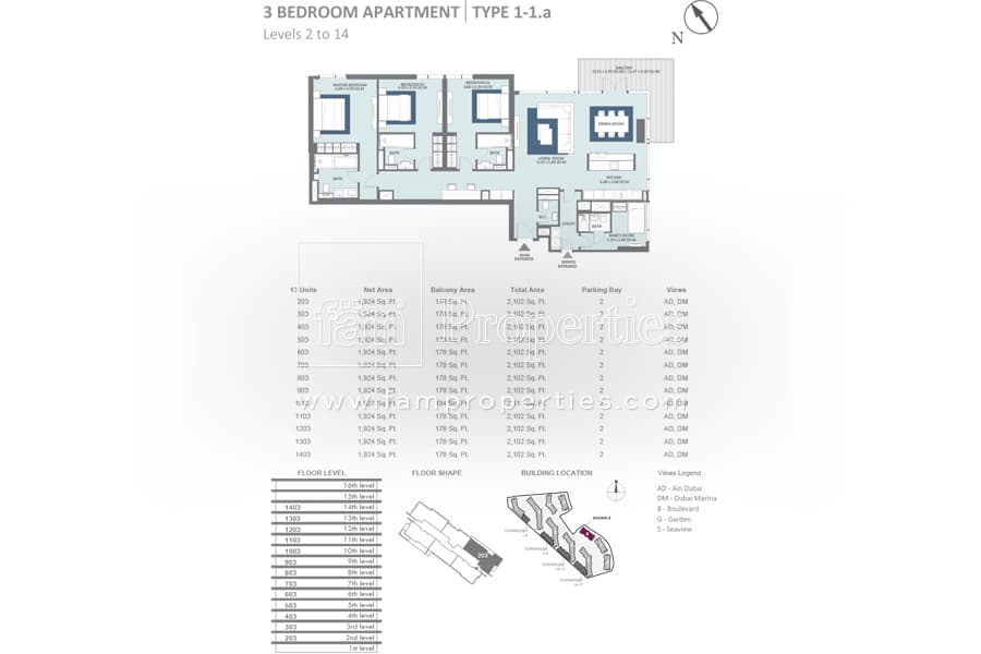 Bluewaters Residences Building 8, 3-Bed Floor Plan, type: 3 Bedroom