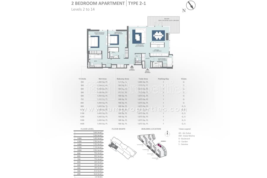 Bluewaters Residences Building 8, 2-Bed Floor Plan, type: 2 Bedroom