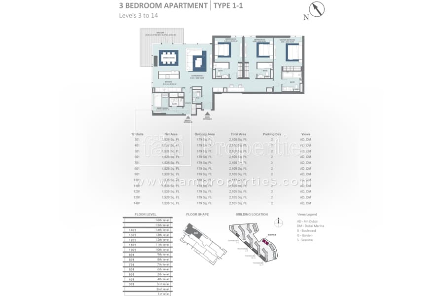 Bluewaters Residences Building 8, 3-Bed Floor Plan, type: 3 Bedroom