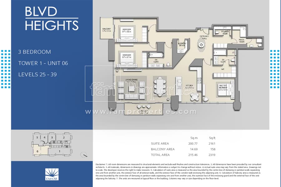 BLVD Heights Tower 1, 3-Bed Floor Plan, type: 3 Bedroom