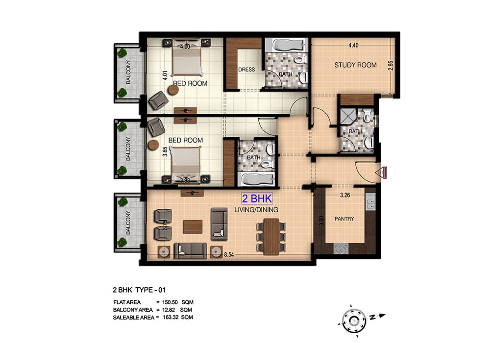 Botanica - JVC, 2-Bed Floor Plan, type: 2 BD Type One