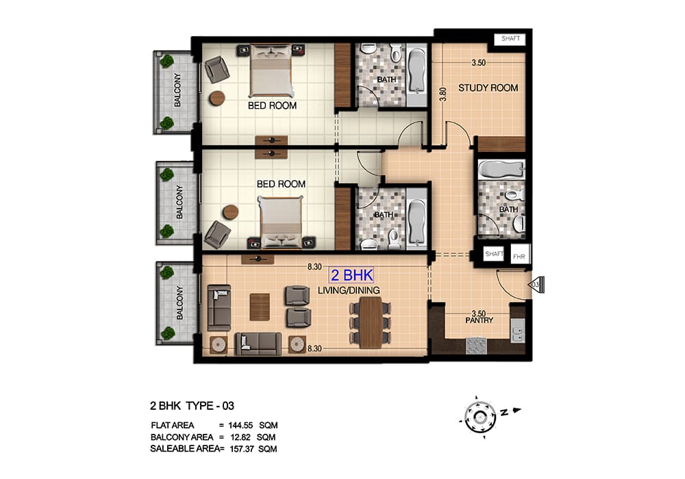 Botanica - JVC, 2-Bed Floor Plan, type: 2 BD Type Three