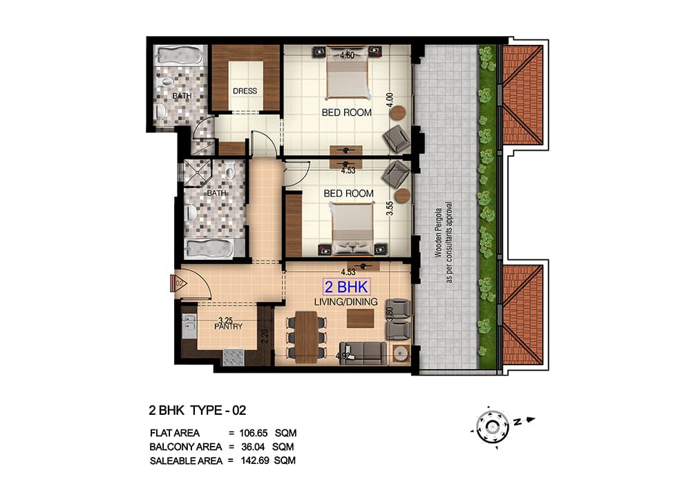 Botanica - JVC, 2-Bed Floor Plan, type: 2 BD Type Two