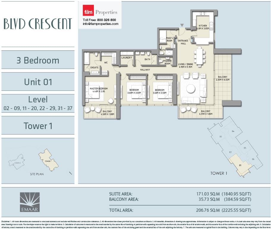 Boulevard Crescent (not in use), 3-Bed Floor Plan, type: 3 BD - Unit 01 - Level 02-09, 11-20, 22-29, 31-37