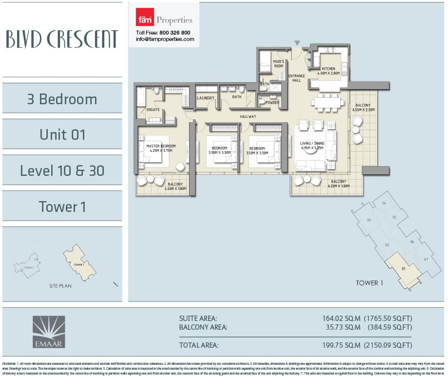 Boulevard Crescent (not in use), 3-Bed Floor Plan, type: 3 BD - Unit 01 - Level 10&30