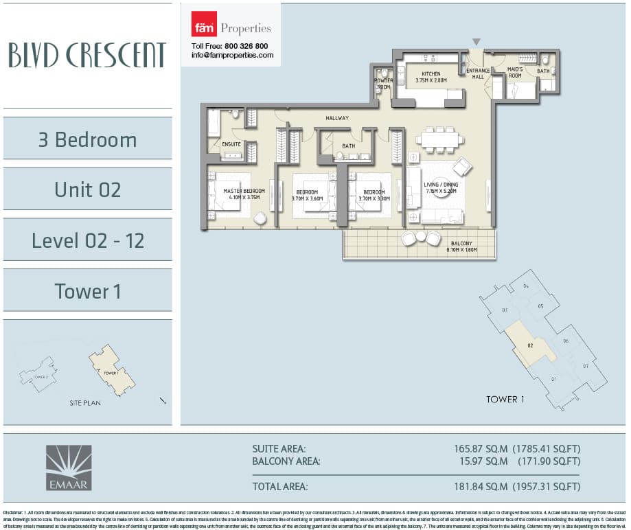 Boulevard Crescent (not in use), 3-Bed Floor Plan, type: 3 BD - Unit 02 - Level 02-12