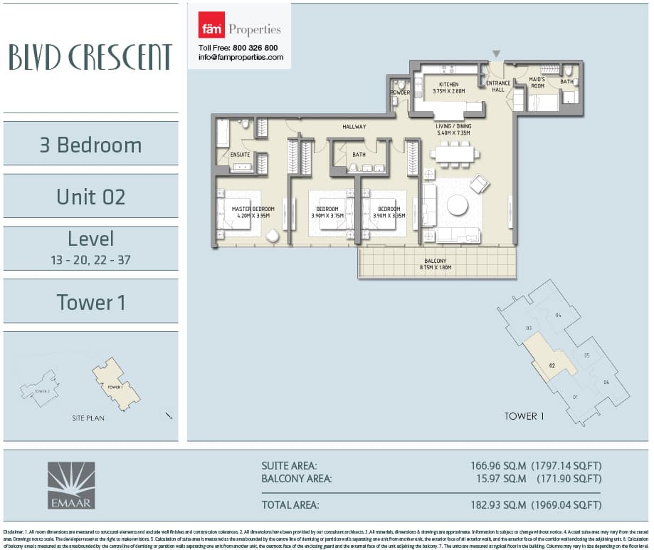 Boulevard Crescent (not in use), 3-Bed Floor Plan, type: 3 BD - Unit 02 - Level 13-20, 22-37