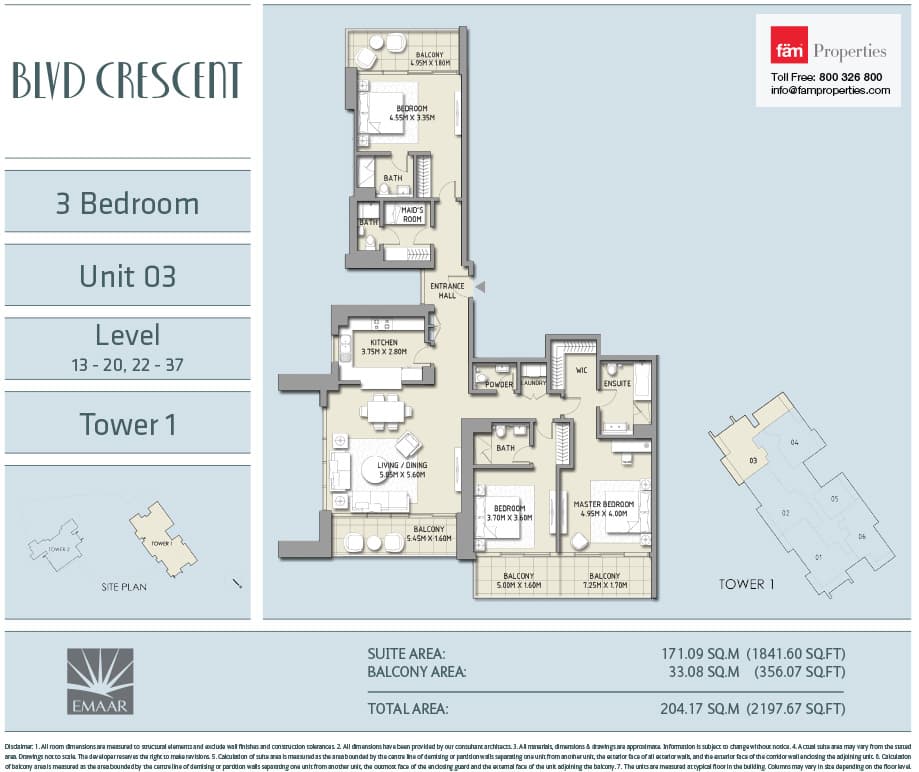 Boulevard Crescent (not in use), 3-Bed Floor Plan, type: 3 BD - Unit 03 - Level 13-20, 22-37