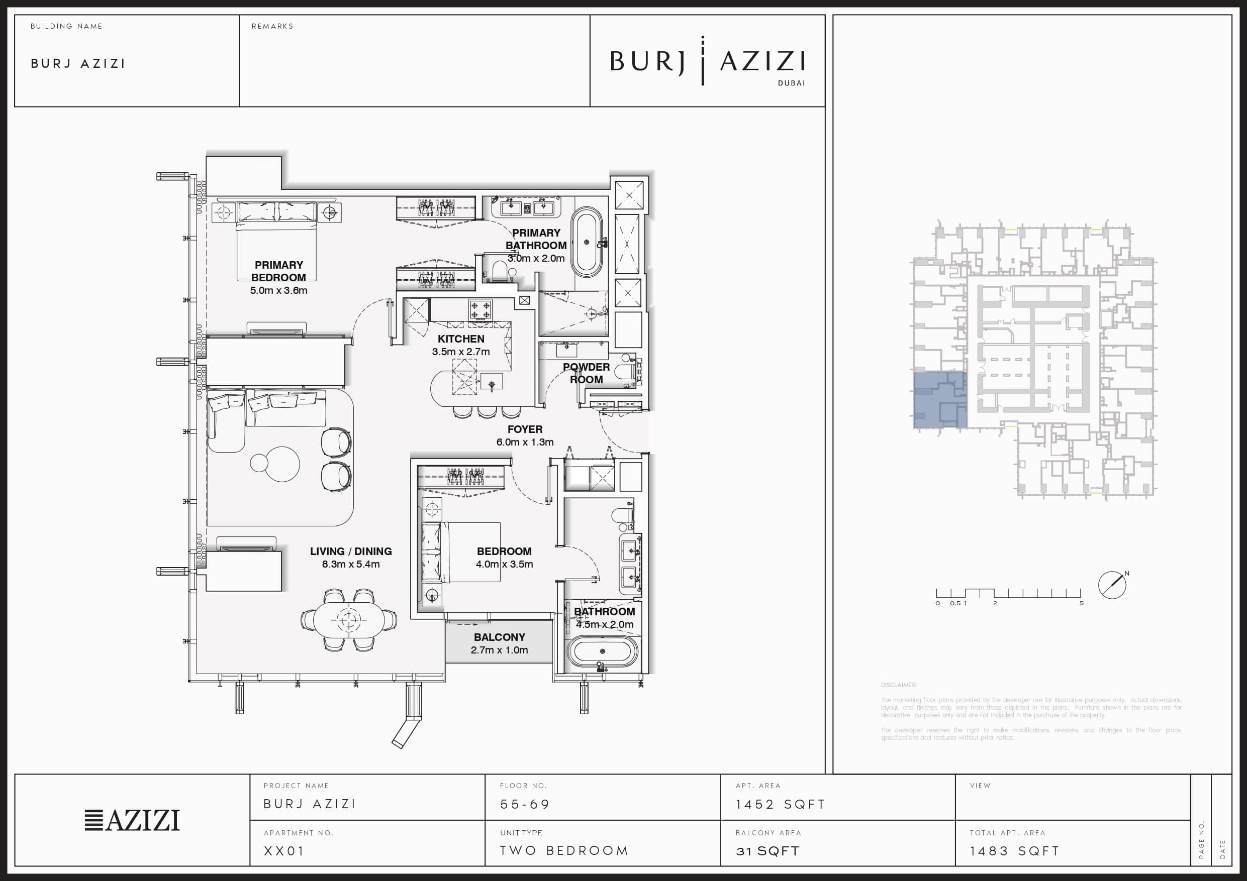 Burj Azizi, 2-Bed Floor Plan, type: Two Bedroom