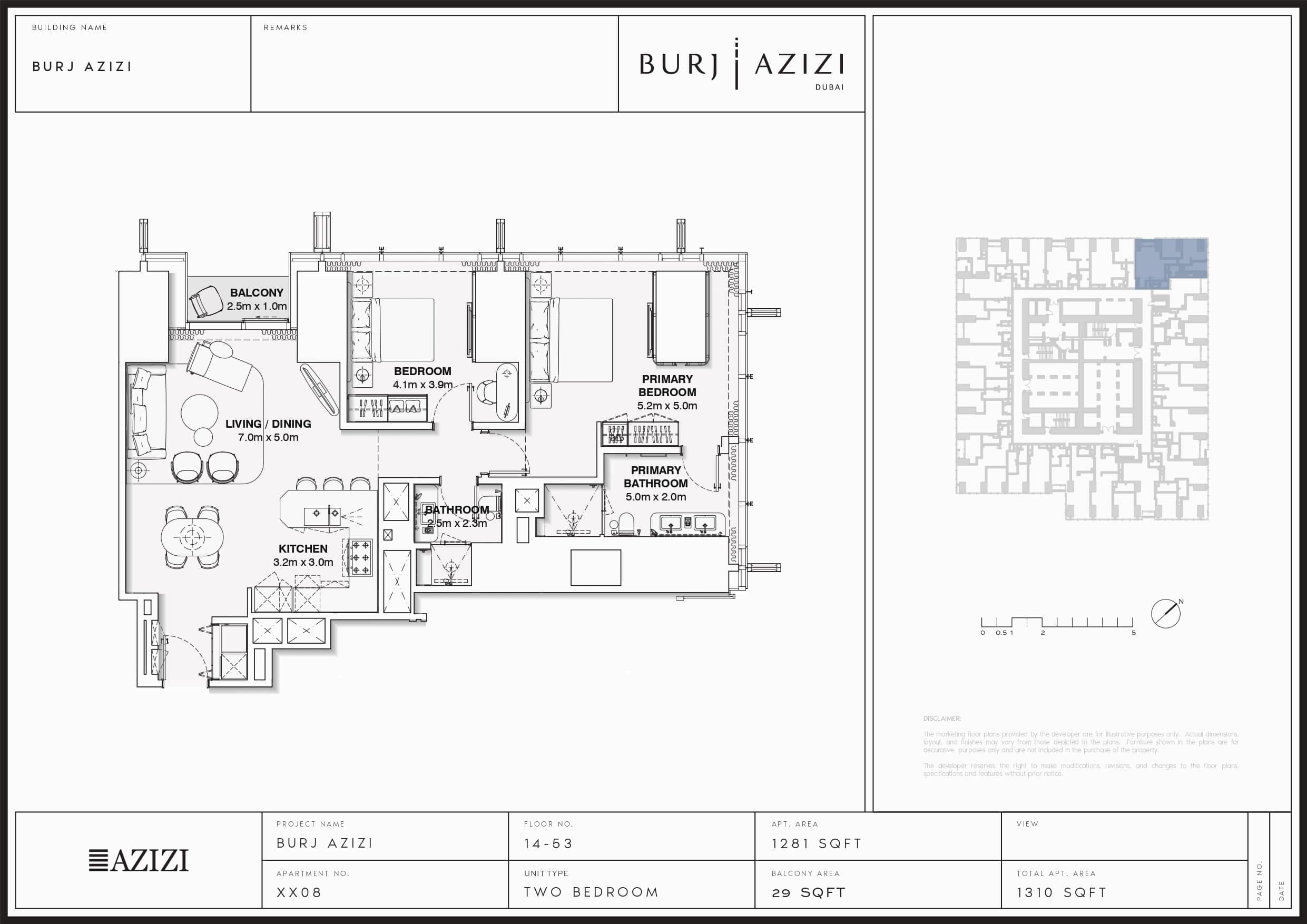 Burj Azizi, 2-Bed Floor Plan, type: Two Bedroom