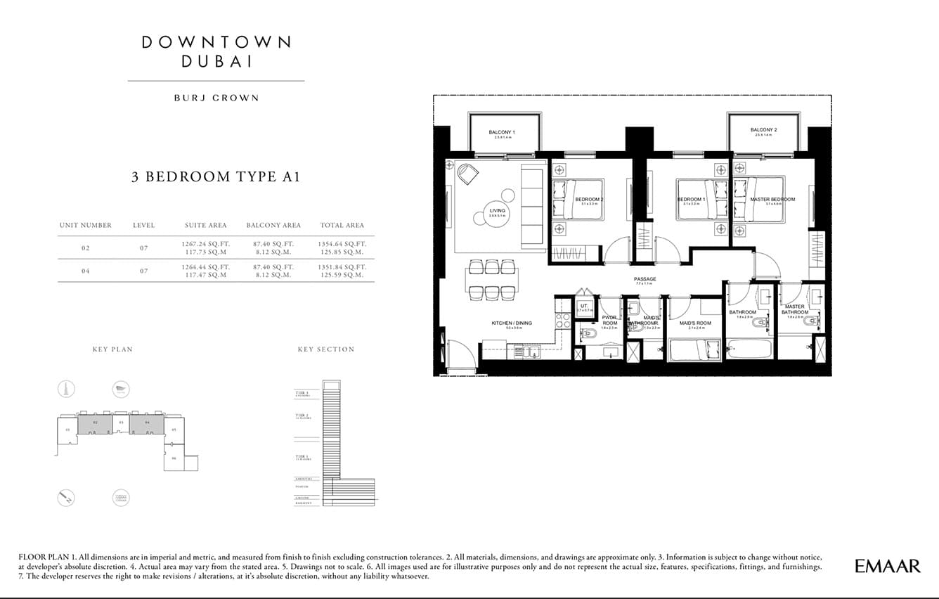 Burj Crown, 3-Bed Floor Plan, type: 3 Bed