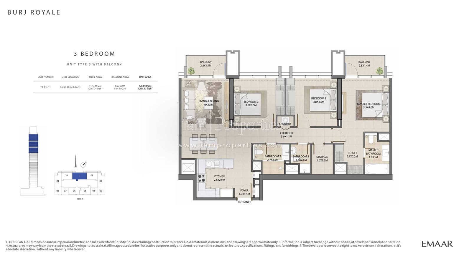 Burj Royale, 3-Bed Floor Plan, type: 3 Bedroom