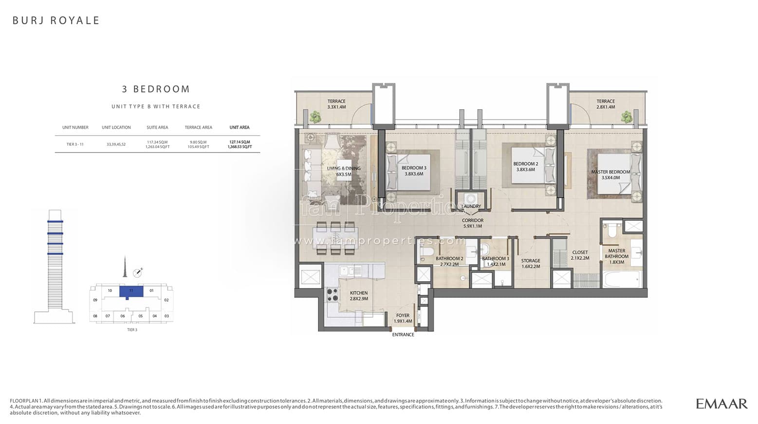 Burj Royale, 3-Bed Floor Plan, type: 3 Bedroom