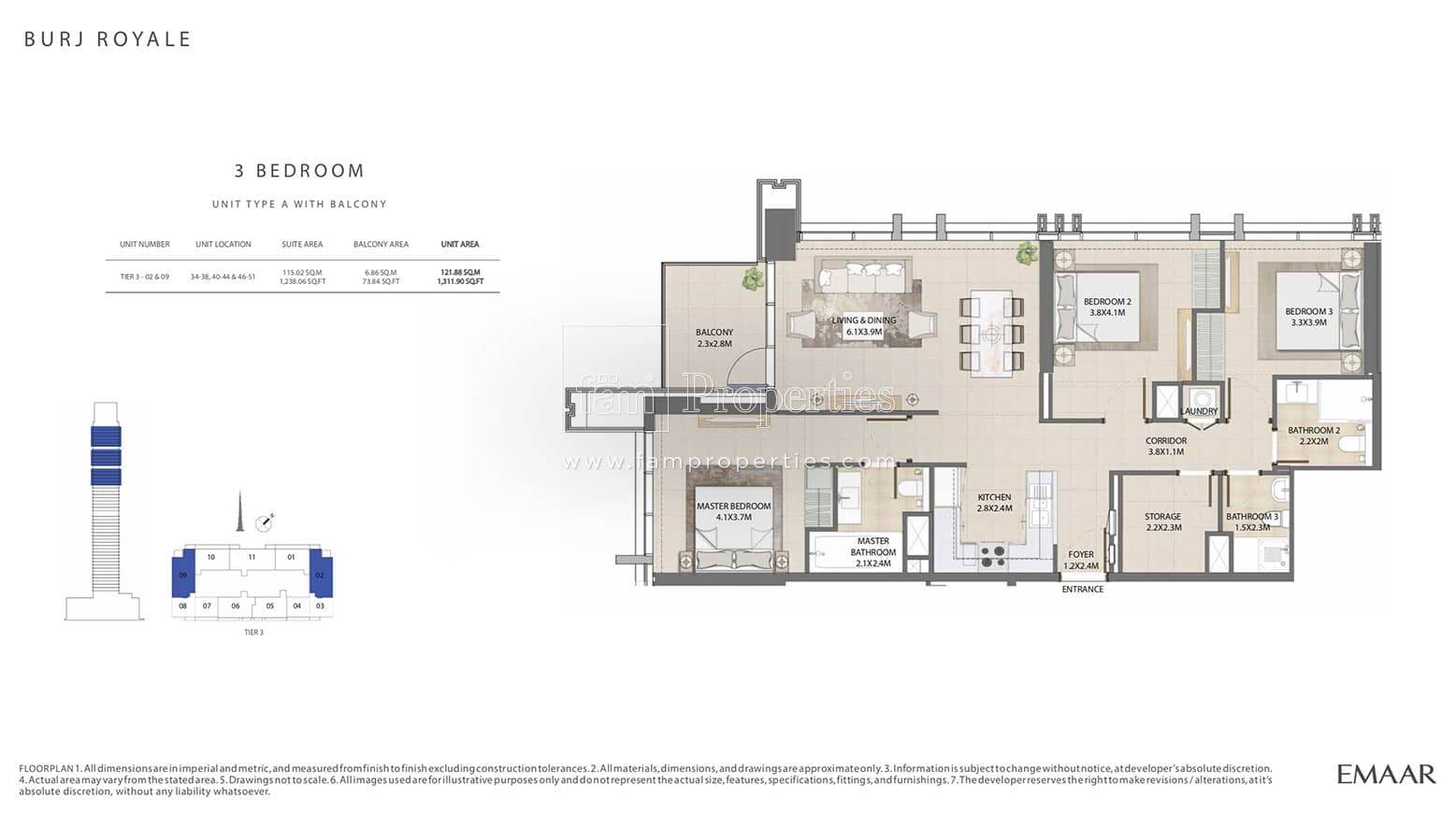 Burj Royale, 3-Bed Floor Plan, type: 3 Bedroom